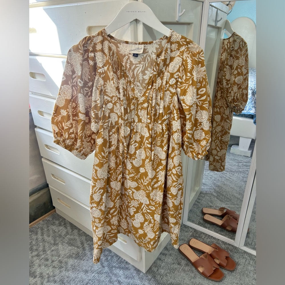 Universal Thread Puff Sleeve Mustard Floral Print V-Neck Dress 100% Cotton✨